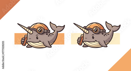 Two cartoon narwhals wearing goggles and helmets, holding small bottles. Warm color palette
