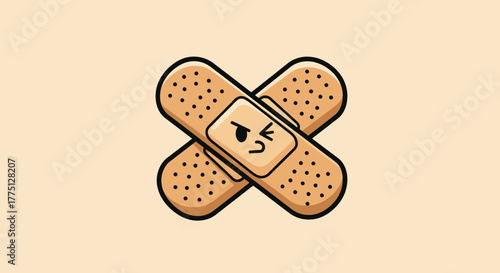 Cartoon-style crossed bandages with an annoyed face. Background is a soft beige color