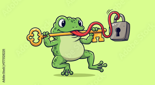 A cartoon frog, holding a gold key with its tongue, connected to a gray padlock