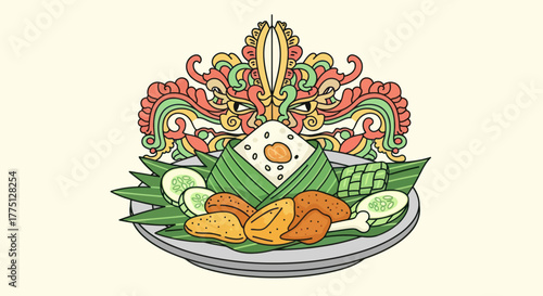 A colorful Indonesian dish, nasi lemak, with a decorative garnish, on a beige background