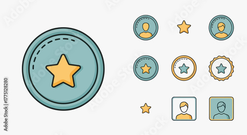 Various icon designs, including stars and people, displayed in round and square formats