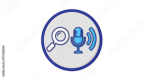 A circular icon features a magnifying glass and microphone with sound waves, all within a circle