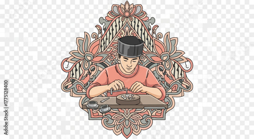 An artisan works on a small item, surrounded by floral art in a mandala-like frame