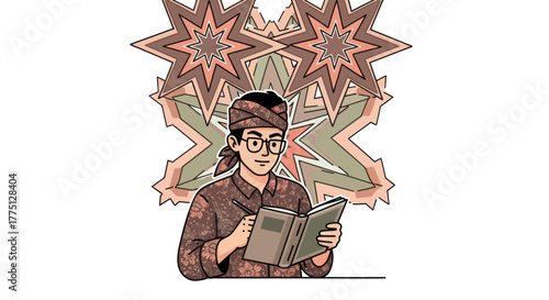 A man in traditional attire writes in a book against a starburst background