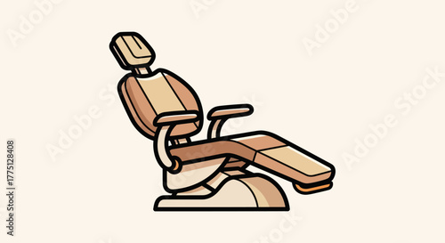 A stylized dental chair, brown and beige, in a light cream background, with thick black outlines