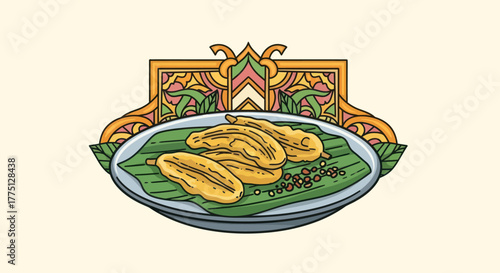 A dish of fried bananas on a banana leaf, with ornate design background