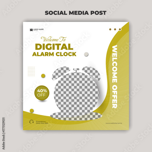 Digital Alarm Clock Social Media Post Design Template