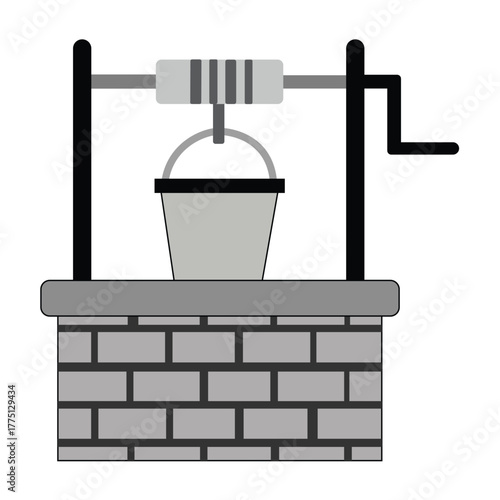 Illustration of a Water Well with a Stone Base, Pulley System, and Bucket for Water Retrieval