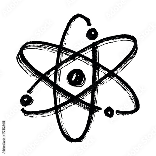 Hand drawn atom sign Molecule clipart in doodle style Single element for print, web, design, decor Symbol of science, education, nuclear energy, scientific research, molecular chemistry