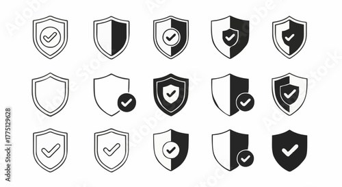 Collection of shield icons with checkmarks on