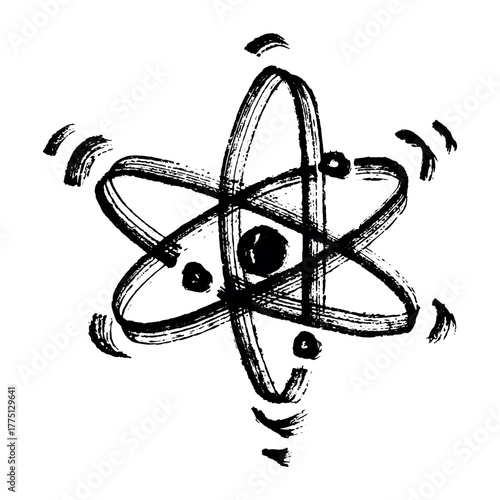Hand drawn atom sign Molecule clipart in doodle style Single element for print, web, design, decor Symbol of science, education, nuclear energy, scientific research, molecular chemistry