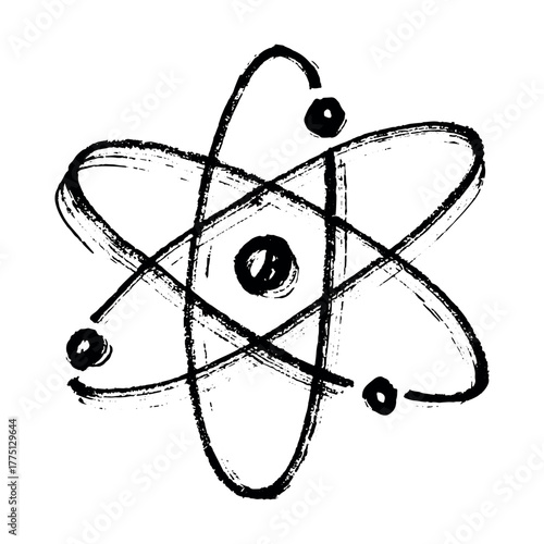 Hand drawn atom sign Molecule clipart in doodle style Single element for print, web, design, decor Symbol of science, education, nuclear energy, scientific research, molecular chemistry