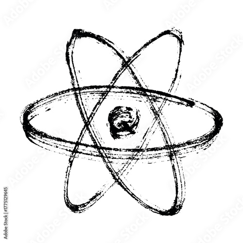 Hand drawn atom sign Molecule clipart in doodle style Single element for print, web, design, decor Symbol of science, education, nuclear energy, scientific research, molecular chemistry