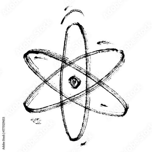 Hand drawn atom sign Molecule clipart in doodle style Single element for print, web, design, decor Symbol of science, education, nuclear energy, scientific research, molecular chemistry