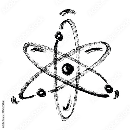 Hand drawn atom sign Molecule clipart in doodle style Single element for print, web, design, decor Symbol of science, education, nuclear energy, scientific research, molecular chemistry