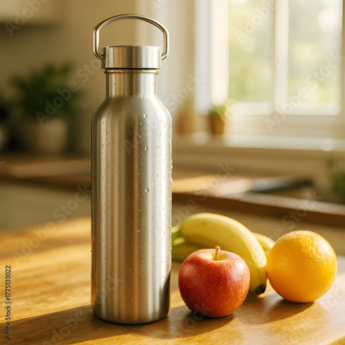 Fresh apple juice in a glass next to an apple and a bottle on a white background, a healthy fruit beverage