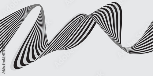 featuring a wavy black-and-white line pattern that forms a dynamic flow resembling a ribbon floating in the air. The thick, parallel lines create the illusion of depth and movement