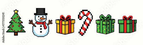 Pixel Art Winter Holiday Christmas Elements Tree Snowman Gifts Candy Cane PresentsPixel Art Winter Holiday Christmas Elements Tree Snowman Gifts Candy Cane Presents