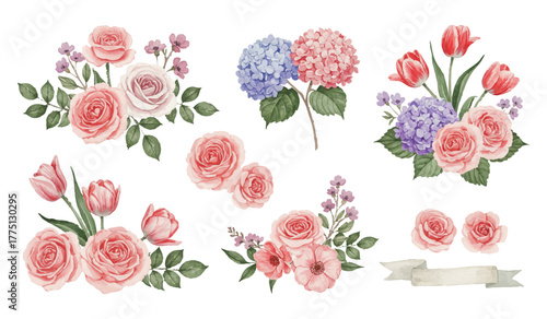 Vibrant watercolor floral collection featuring blooming sunflowers, bold red poppies, elegant orange lilies, and delicate lavender. Perfect for spring, summer, and botanical design projects.