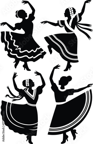 Elegant Silhouette Dancers in Traditional Dresses Performing Graceful Movements