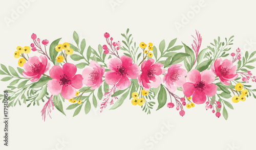 Hand-painted watercolor floral border with vibrant pink and yellow flowers. Beautiful botanical arrangement for spring invitations, cards, and web backgrounds with copy space.