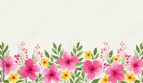 Elegant watercolor floral border with delicate pink and yellow flowers and lush green leaves. Beautiful spring botanical design for invitations or cards with ample copy space.