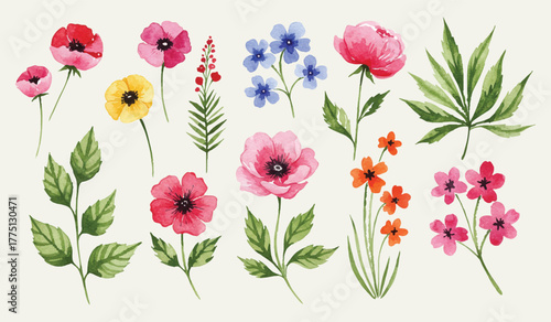 Artistic set of various watercolor flowers and leaves. A hand-painted botanical collection featuring colorful blossoms and foliage, isolated for creative design and decoration projects.