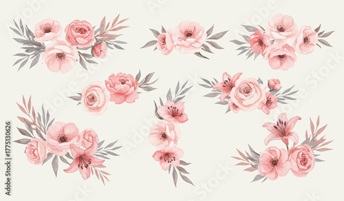 Elegant Watercolor Floral Arrangements Pink Roses, Lilies, and Leaves for Invitations and Designs