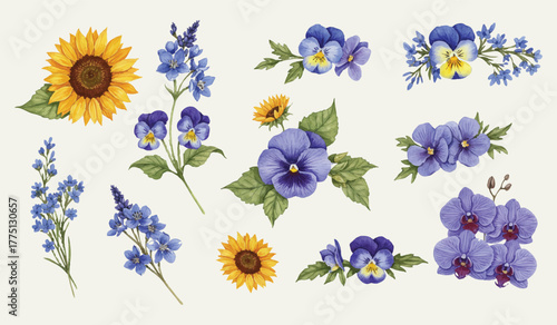 Beautiful Watercolor Illustrations of Delicate Blue Pansies, Vibrant Sunflowers, and Elegant Delphiniums Scattered Across a Creamy Background, Perfect for Adding a Touch of Nature's Charm to Any Desig