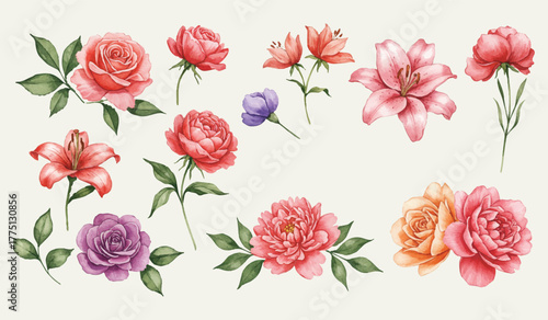 Watercolor Flower Collection Roses, Lilies, and Peonies for Creative Design, Elegant Floral Arrangement Element, Botanical Illustration