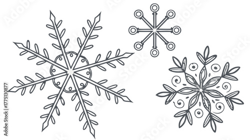 Set of Three Unique Snowflake Designs Winter Elements,  A vector illustration featuring a set of three unique snowflake designs, each with distinct intricate patterns, perfect as winter decorative ele