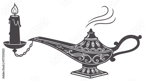 Magic Lamp and Burning Candle Silhouette, Vector silhouette illustration featuring an ornate magic lamp with rising smoke and a burning candle, evoking a sense of fantasy and wishes