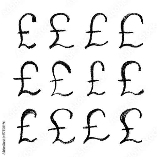 Set of hand drawn british pound currency symbol. Brush stroke doodle. Single element for design