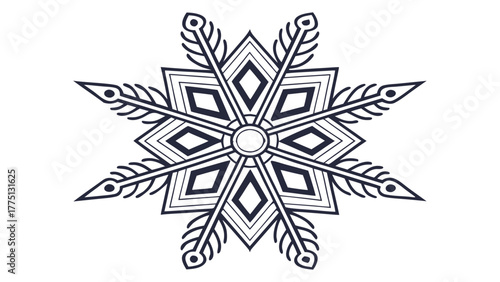 Geometric Snowflake Design Unique Modern Winter Symbol, Vector illustration of a geometric snowflake, featuring intricate patterns and sharp lines, perfect as a winter symbol or decorative element