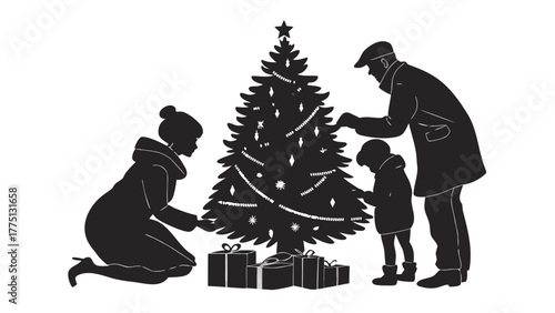 Family Decorating Christmas Tree and Gifts Silhouette, Black silhouette vector illustration of a family (mother, father, and child) decorating a Christmas tree with presents
