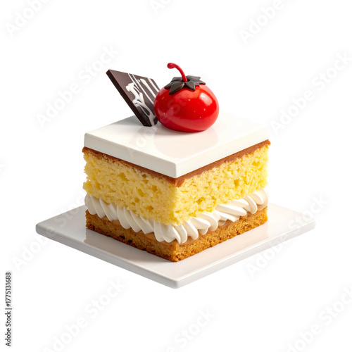 Square cake with white icing, layers, dark chocolate and a cherry
