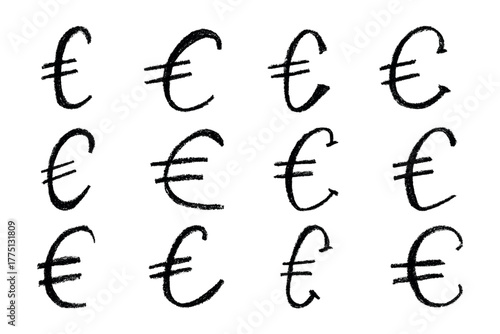 Set of hand drawn euro currency symbol. Brush stroke doodle. Single element for design