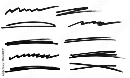 Underline stroke marker felt pen scribbles doodle line collection. Hand drawn outline sketch wave brush mark elements crosshatch rough dividers set for text highlight underline emphasis.