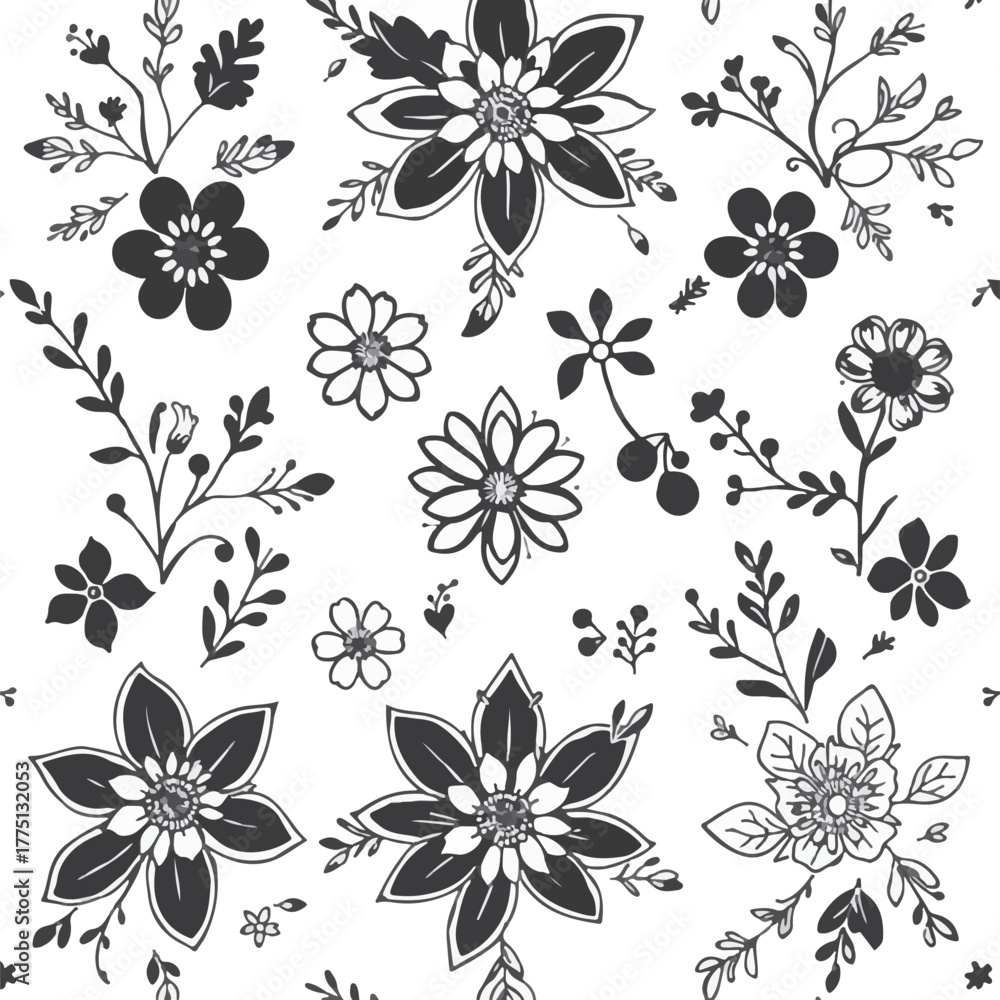Obraz premium Black minimalist brush style floral pattern