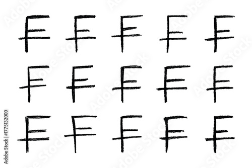 Set of hand drawn swiss franc currency symbol. Brush stroke doodle. Single element for design