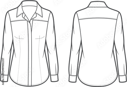 Women's long sleeve shirt vector, fashion technical sketch, front and back view, bust darts, princess seams, curved hem, garment illustration