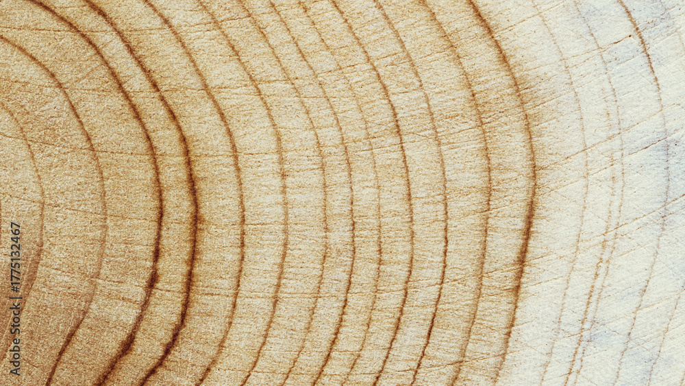 Fototapeta premium Wooden annual rings texture natural background, waves shape of timber tree as minimal nature pattern, banner. Cross-section of juniper. Wood texture eco-friendly, organic or rustic aesthetics.
