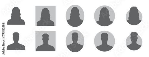 woman and man silhouette avatars or profile gray icon. male and female portraits, anonymous people icons different styles, oval, square, circle shape