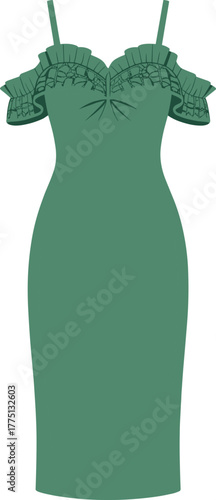 Elegant green ruffle sleeve midi dress CAD design, front flat vector sketch, lace detail, bodycon silhouette, fashion illustration