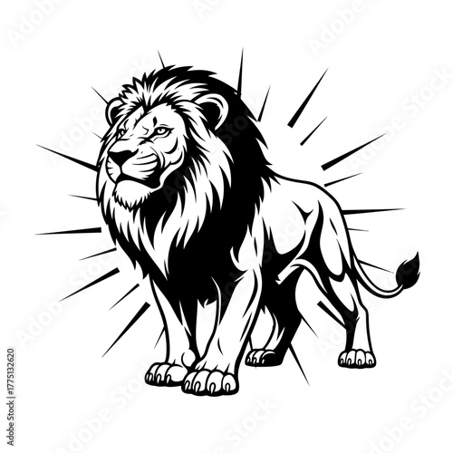 Powerful Lion Character Standing Proudly with Fierce Determination Monochrome Design