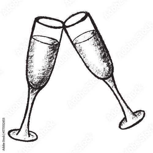 Hand drawn champagne glasses clinking together Alcohol drink clipart in doodle style Single element for print, web, design, decor Happy New Year 2026