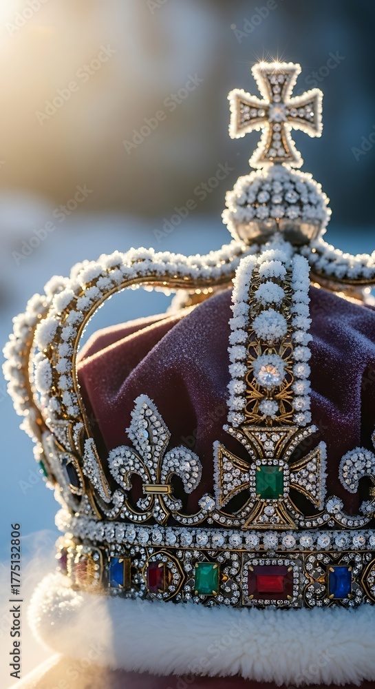 Obraz premium Close up of a Royal Crown adorned with precious jewels and intricate details.