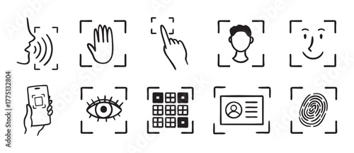 biometric scanning icon set. Identification individual by eye, fingerprint, or pass doodle hand drawn icon. Outline drawing ID verification line clipart symbol
