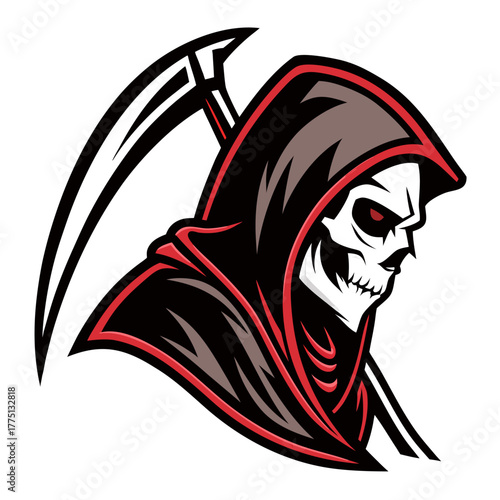 Reaper Mascot Logo Vector, Flat Esport Design with Hood in Black and Scarlet Solid Fills and Clean Geometric Composition, Transparent Background


