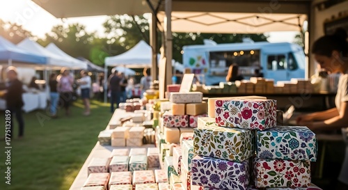 A vibrant outdoor market stall showcasing an inviting display of beautifully packaged artisan soaps and unique handmade crafts, reflecting the energy of local commerce and community
